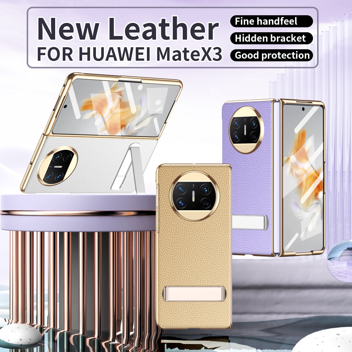 For Huawei Mate X3 5G Kickstand Phone Case PU Leather Coated PC Electroplating Frame Cover with Tempered Glass Film