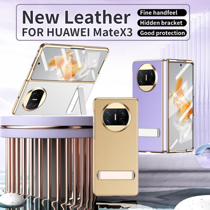 For Huawei Mate X3 5G Kickstand Phone Case PU Leather Coated PC Electroplating Frame Cover with Tempered Glass Film