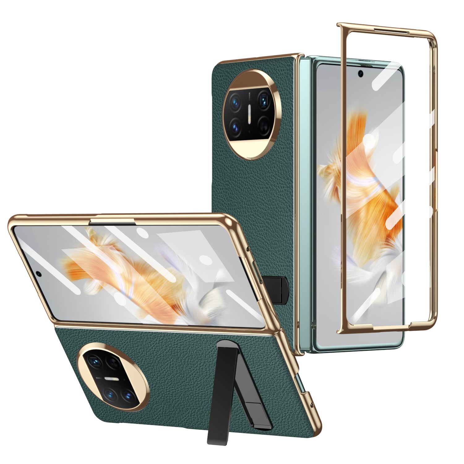For Huawei Mate X3 5G Kickstand Phone Case PU Leather Coated PC Electroplating Frame Cover with Tempered Glass Film