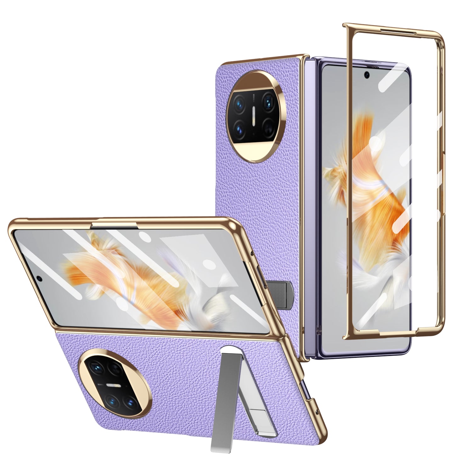 For Huawei Mate X3 5G Kickstand Phone Case PU Leather Coated PC Electroplating Frame Cover with Tempered Glass Film