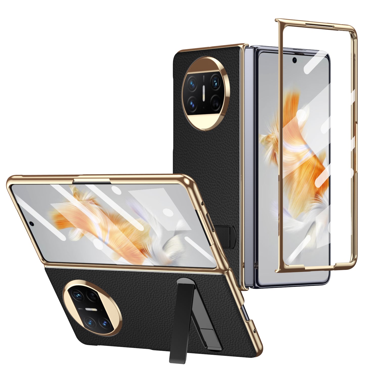 For Huawei Mate X3 5G Kickstand Phone Case PU Leather Coated PC Electroplating Frame Cover with Tempered Glass Film