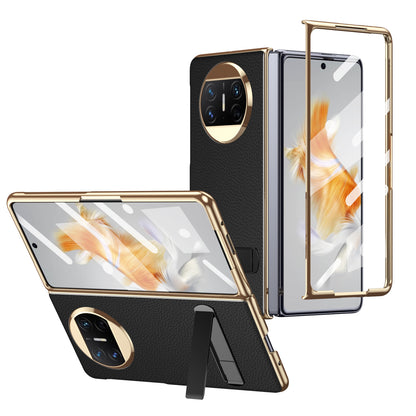 For Huawei Mate X3 5G Kickstand Phone Case PU Leather Coated PC Electroplating Frame Cover with Tempered Glass Film