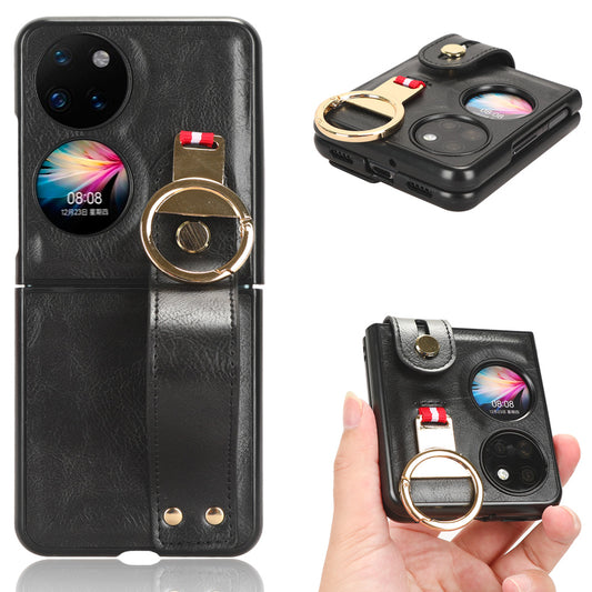 For Huawei P50 Pocket Leather Coating Phone Cover PC+TPU Case with Wristband Kickstand and Neck Strap