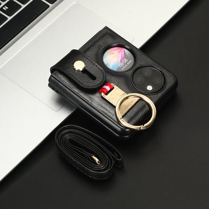 For Huawei P50 Pocket Leather Coating Phone Cover PC+TPU Case with Wristband Kickstand and Neck Strap