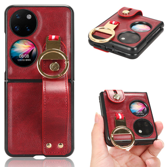 For Huawei P50 Pocket Leather Coating Phone Cover PC+TPU Case with Wristband Kickstand and Neck Strap