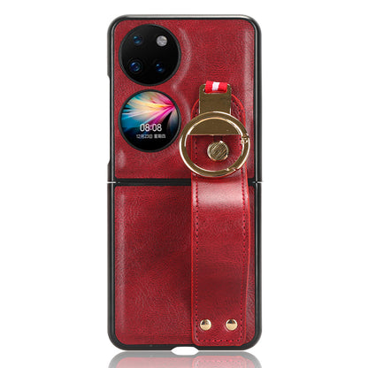 For Huawei P50 Pocket Leather Coating Phone Cover PC+TPU Case with Wristband Kickstand and Neck Strap