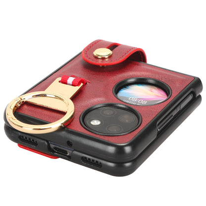 For Huawei P50 Pocket Leather Coating Phone Cover PC+TPU Case with Wristband Kickstand and Neck Strap