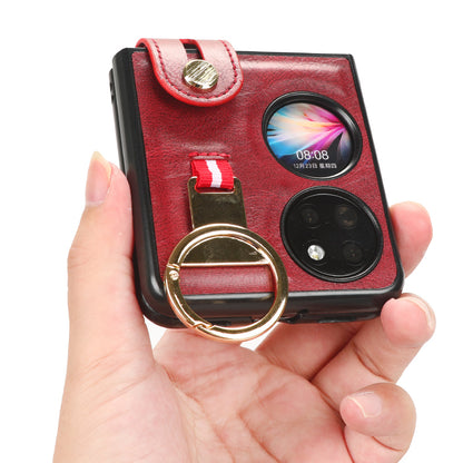 For Huawei P50 Pocket Leather Coating Phone Cover PC+TPU Case with Wristband Kickstand and Neck Strap
