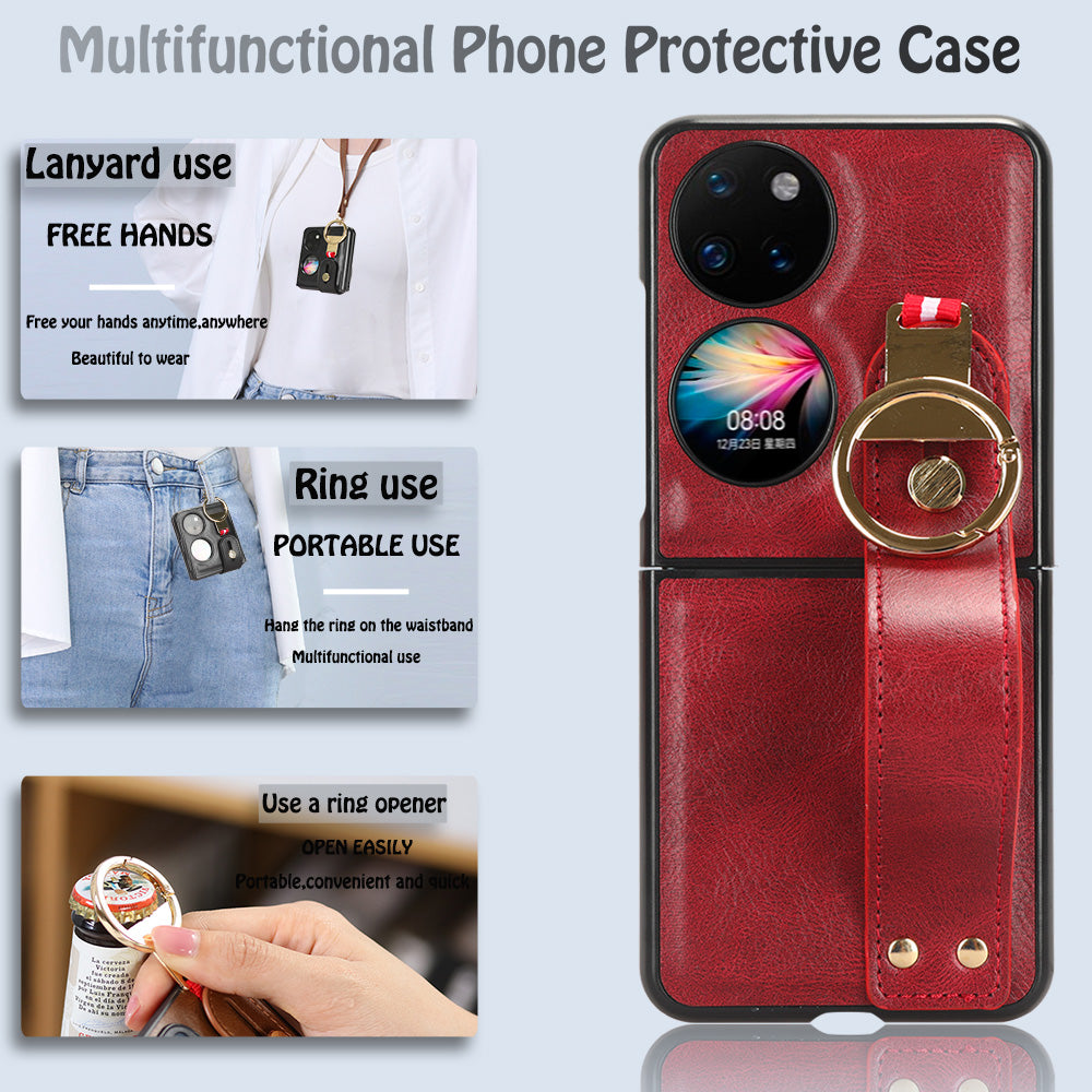 For Huawei P50 Pocket Leather Coating Phone Cover PC+TPU Case with Wristband Kickstand and Neck Strap
