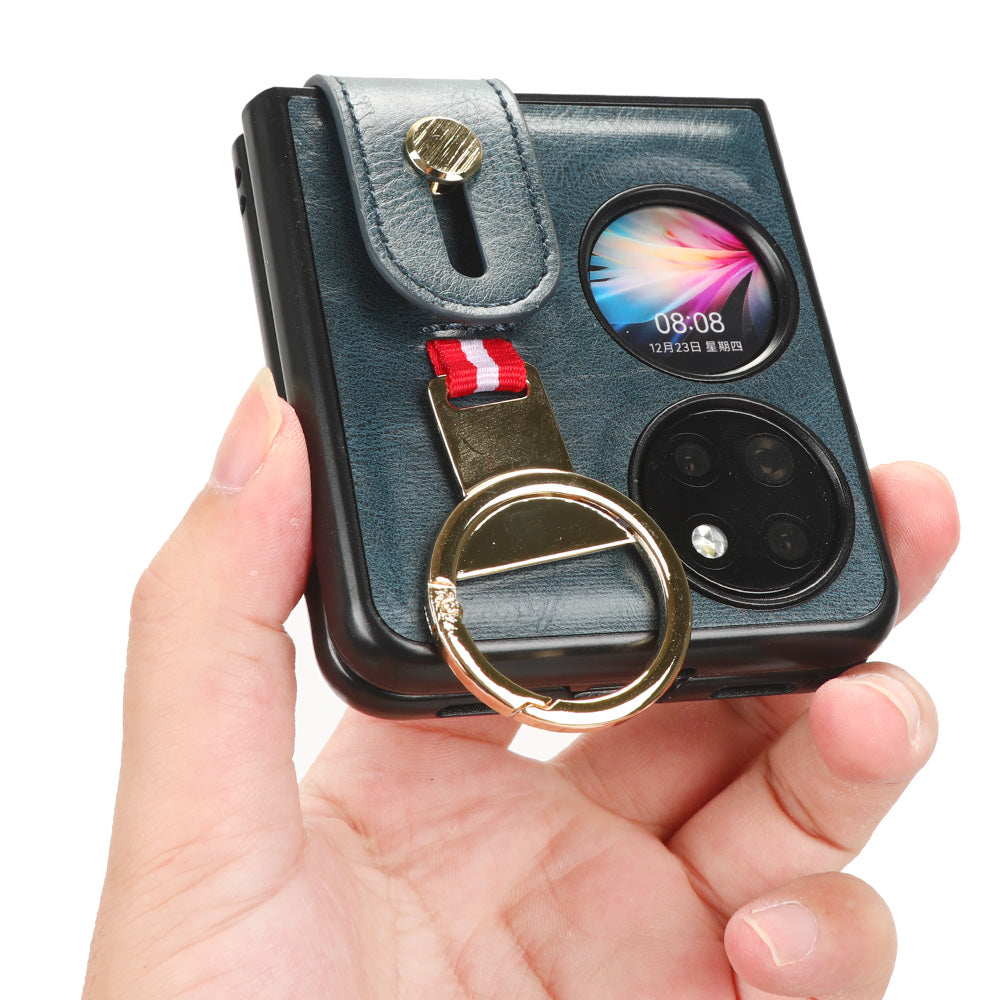 For Huawei P50 Pocket Leather Coating Phone Cover PC+TPU Case with Wristband Kickstand and Neck Strap
