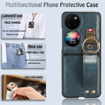For Huawei P50 Pocket Leather Coating Phone Cover PC+TPU Case with Wristband Kickstand and Neck Strap