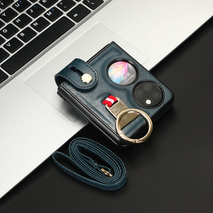 For Huawei P50 Pocket Leather Coating Phone Cover PC+TPU Case with Wristband Kickstand and Neck Strap