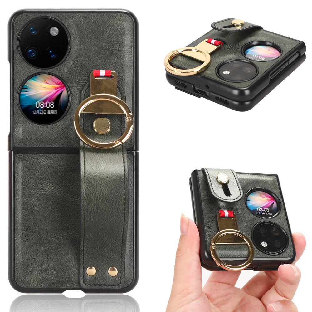 For Huawei P50 Pocket Leather Coating Phone Cover PC+TPU Case with Wristband Kickstand and Neck Strap