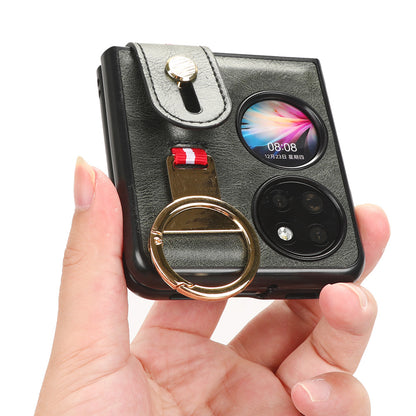 For Huawei P50 Pocket Leather Coating Phone Cover PC+TPU Case with Wristband Kickstand and Neck Strap