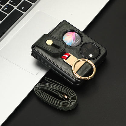 For Huawei P50 Pocket Leather Coating Phone Cover PC+TPU Case with Wristband Kickstand and Neck Strap