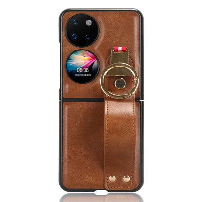 For Huawei P50 Pocket Leather Coating Phone Cover PC+TPU Case with Wristband Kickstand and Neck Strap