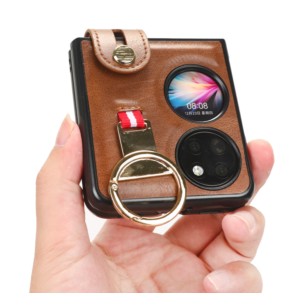 For Huawei P50 Pocket Leather Coating Phone Cover PC+TPU Case with Wristband Kickstand and Neck Strap