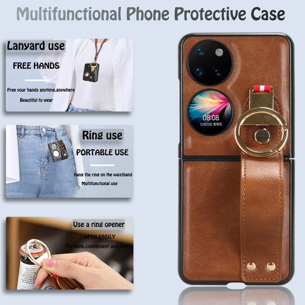 For Huawei P50 Pocket Leather Coating Phone Cover PC+TPU Case with Wristband Kickstand and Neck Strap