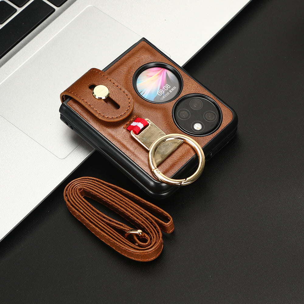 For Huawei P50 Pocket Leather Coating Phone Cover PC+TPU Case with Wristband Kickstand and Neck Strap