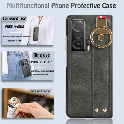 For Honor Magic V Wristband Phone Cover Leather Coating PC+TPU Case with Neck Strap