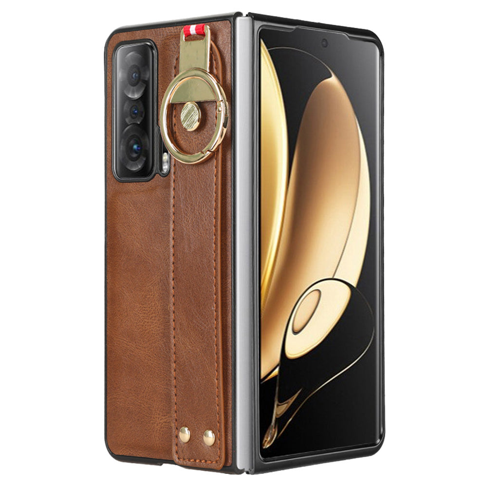 For Honor Magic V Wristband Phone Cover Leather Coating PC+TPU Case with Neck Strap