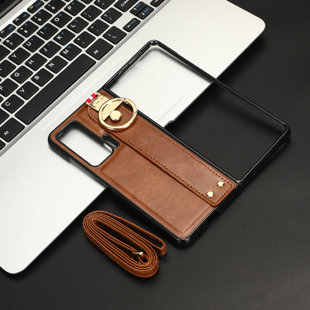 For Honor Magic V Wristband Phone Cover Leather Coating PC+TPU Case with Neck Strap