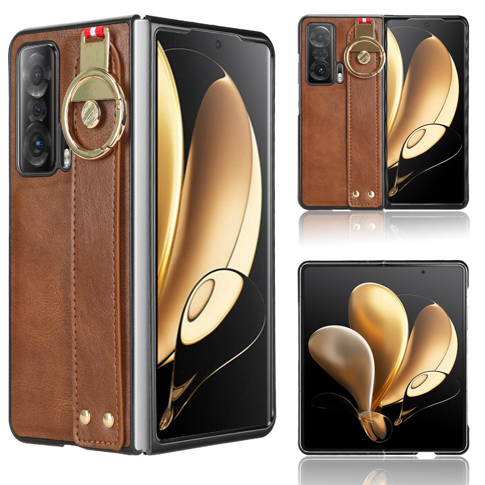 For Honor Magic V Wristband Phone Cover Leather Coating PC+TPU Case with Neck Strap