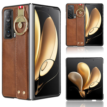 For Honor Magic V Wristband Phone Cover Leather Coating PC+TPU Case with Neck Strap