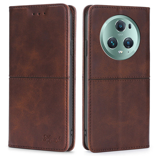 For Honor Magic5 Pro Leather Cell Phone Stand Case Cowhide Texture Anti-Scratch Card Holder Phone Cover