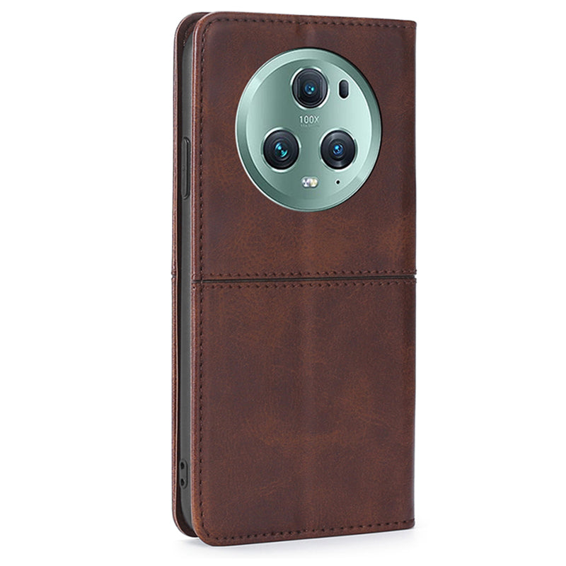 For Honor Magic5 Pro Leather Cell Phone Stand Case Cowhide Texture Anti-Scratch Card Holder Phone Cover