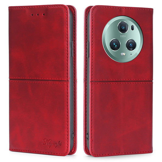 For Honor Magic5 Pro Leather Cell Phone Stand Case Cowhide Texture Anti-Scratch Card Holder Phone Cover