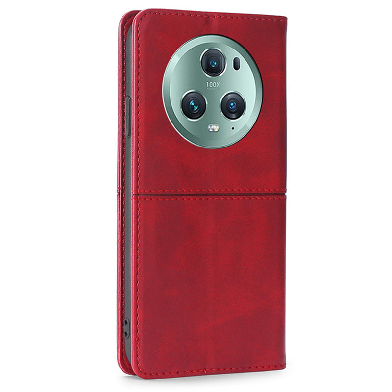For Honor Magic5 Pro Leather Cell Phone Stand Case Cowhide Texture Anti-Scratch Card Holder Phone Cover