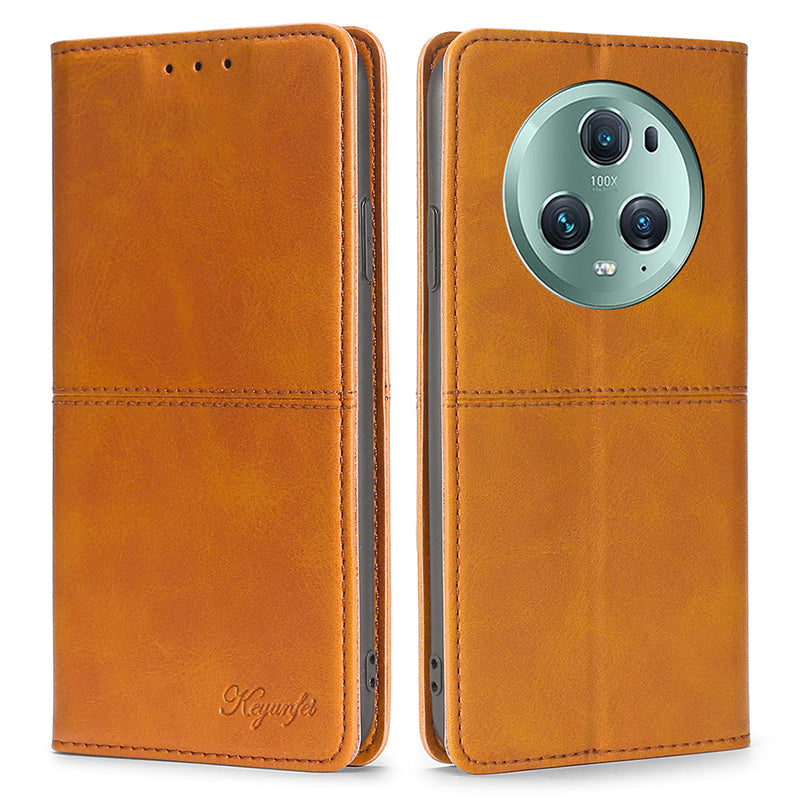 For Honor Magic5 Pro Leather Cell Phone Stand Case Cowhide Texture Anti-Scratch Card Holder Phone Cover