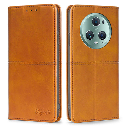 For Honor Magic5 Pro Leather Cell Phone Stand Case Cowhide Texture Anti-Scratch Card Holder Phone Cover