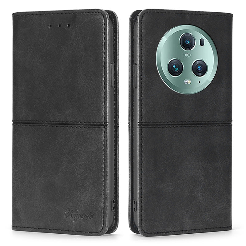 For Honor Magic5 Pro Leather Cell Phone Stand Case Cowhide Texture Anti-Scratch Card Holder Phone Cover