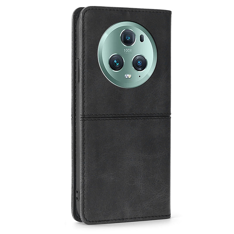 For Honor Magic5 Pro Leather Cell Phone Stand Case Cowhide Texture Anti-Scratch Card Holder Phone Cover