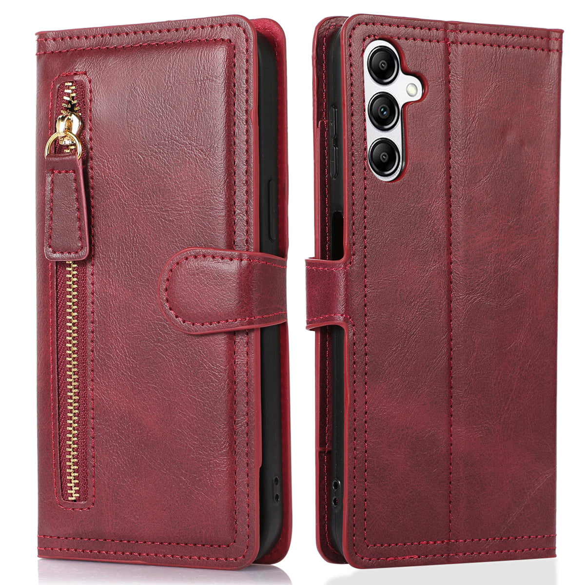 For Samsung Galaxy A14 5G PU Leather Magnetic Clasp Phone Cover Zipper Pocket Wallet Stand Case