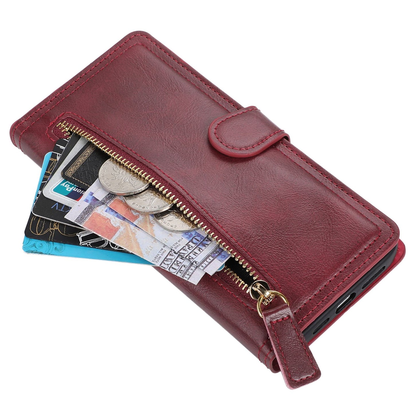 For Samsung Galaxy A14 5G PU Leather Magnetic Clasp Phone Cover Zipper Pocket Wallet Stand Case