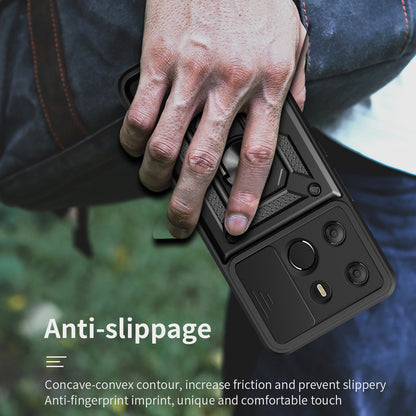 For Tecno Spark Go 2023 4G / Pop 7 Pro 4G Slide Lens Protection Cover Shockproof Kickstand PC+TPU Phone Case