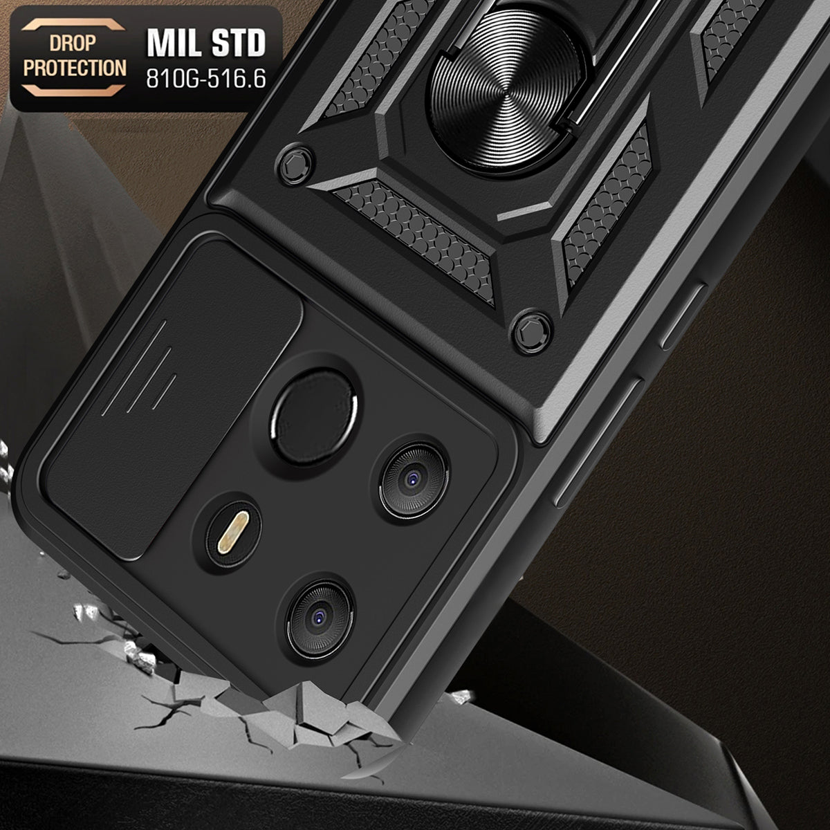 For Tecno Spark Go 2023 4G / Pop 7 Pro 4G Slide Lens Protection Cover Shockproof Kickstand PC+TPU Phone Case