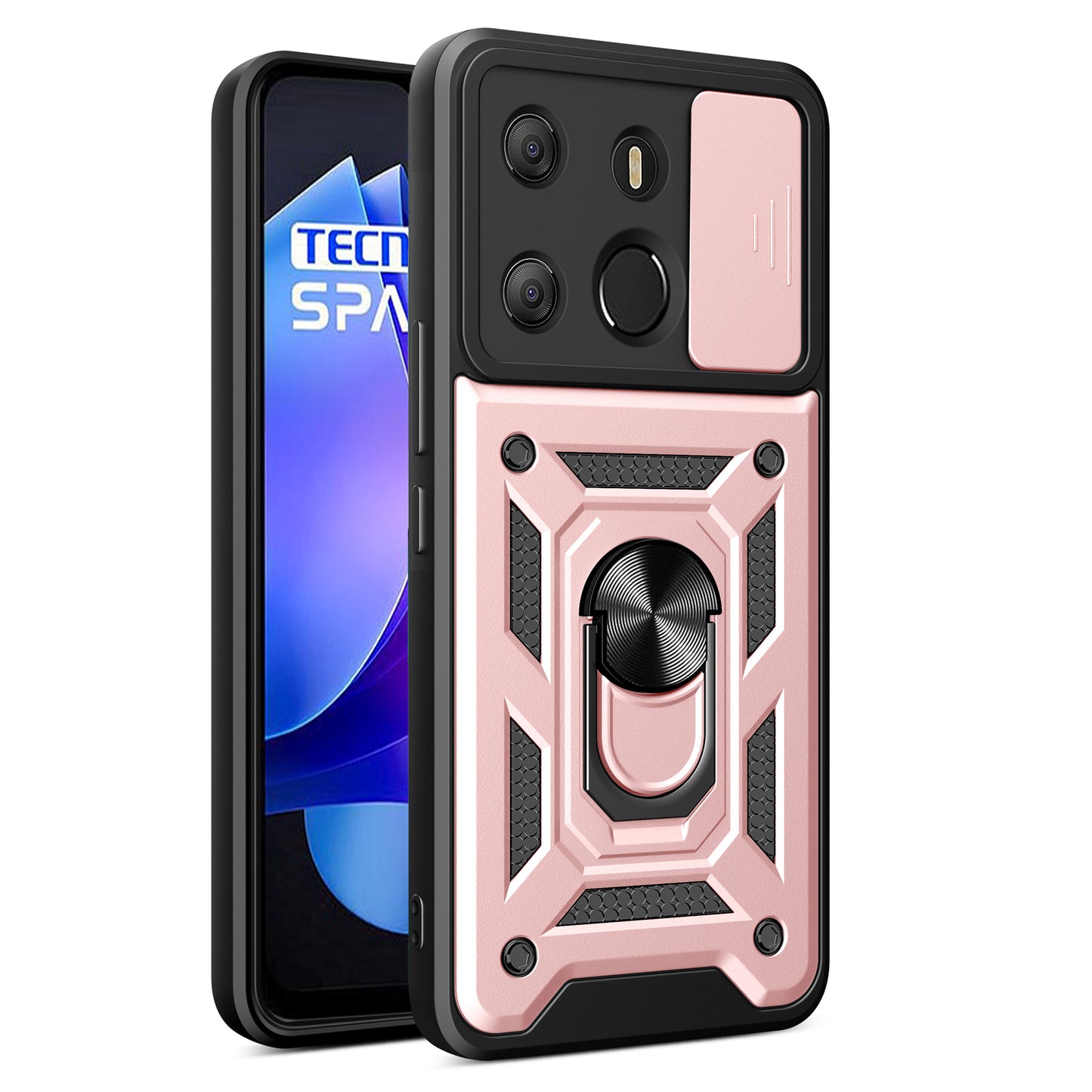 For Tecno Spark Go 2023 4G / Pop 7 Pro 4G Slide Lens Protection Cover Shockproof Kickstand PC+TPU Phone Case