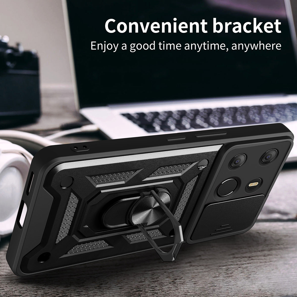 For Tecno Spark Go 2023 4G / Pop 7 Pro 4G Slide Lens Protection Cover Shockproof Kickstand PC+TPU Phone Case