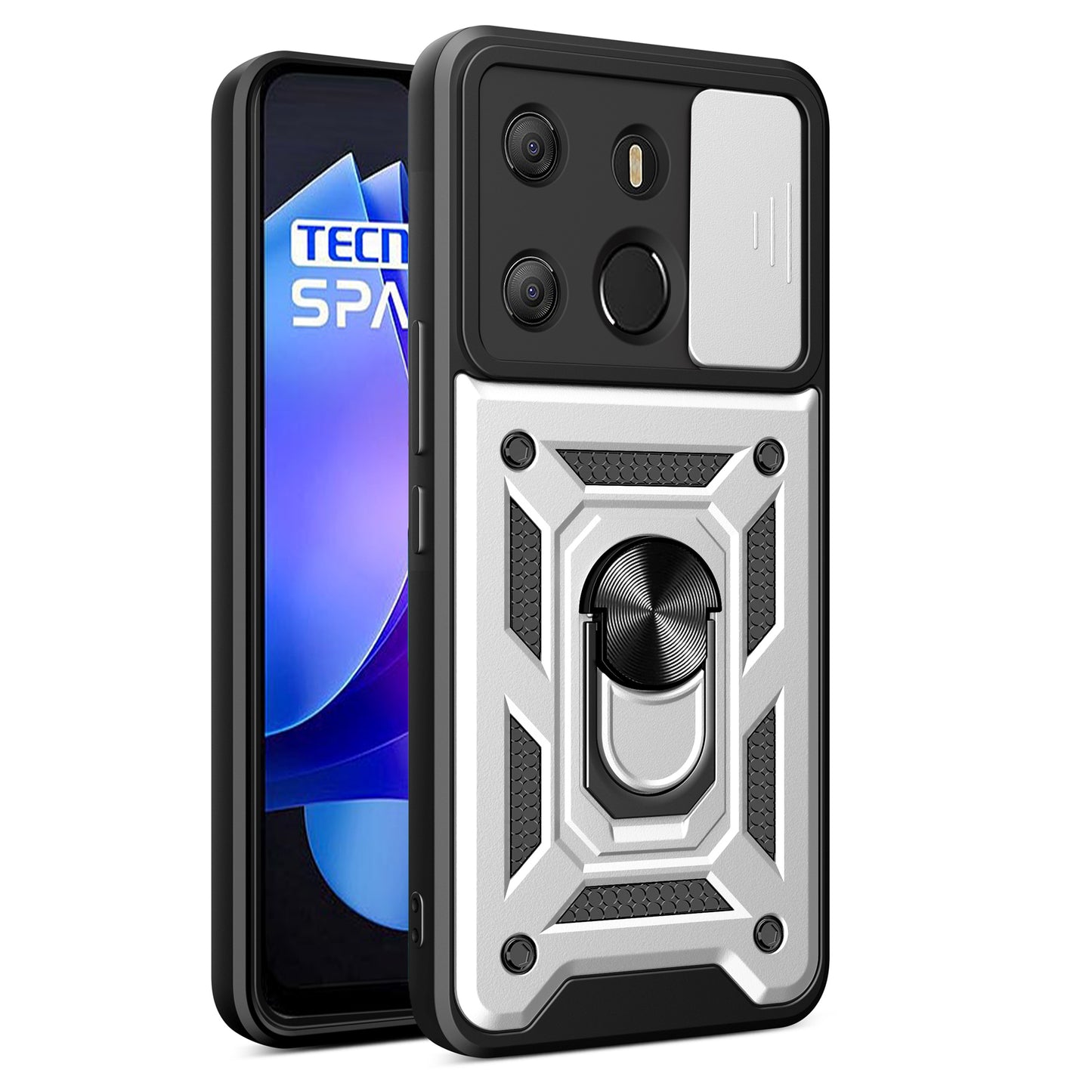 For Tecno Spark Go 2023 4G / Pop 7 Pro 4G Slide Lens Protection Cover Shockproof Kickstand PC+TPU Phone Case