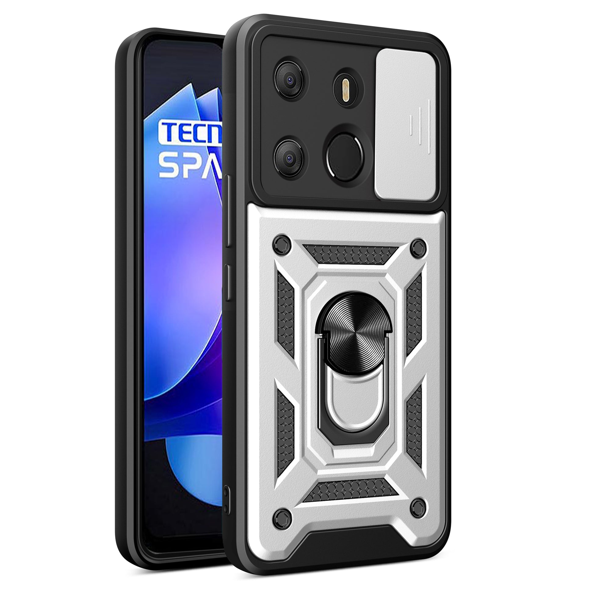 For Tecno Spark Go 2023 4G / Pop 7 Pro 4G Slide Lens Protection Cover Shockproof Kickstand PC+TPU Phone Case