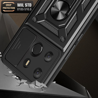 For Tecno Spark Go 2023 4G / Pop 7 Pro 4G Slide Lens Protection Cover Shockproof Kickstand PC+TPU Phone Case