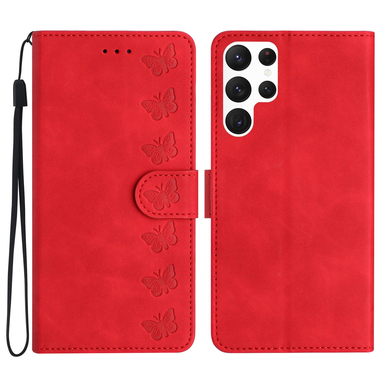 For Samsung Galaxy S22 Ultra 5G Fall-proof Stand Wallet Case Butterfly Imprinted Leather Cover
