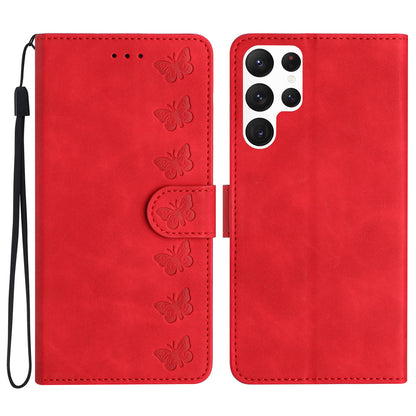 For Samsung Galaxy S22 Ultra 5G Fall-proof Stand Wallet Case Butterfly Imprinted Leather Cover