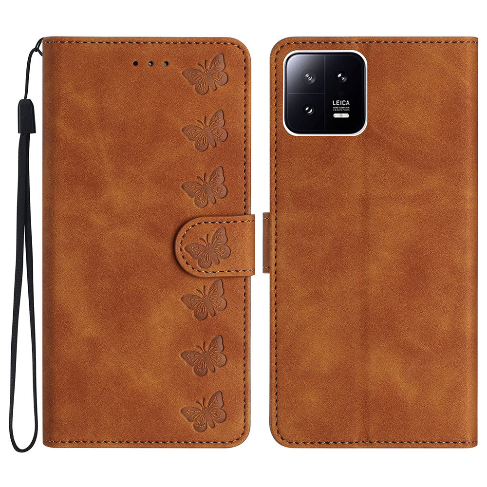For Xiaomi 13 Anti-Dust Phone Case Leather Wallet Slim-Fit Imprinted Butterfly Stand Phone Cover