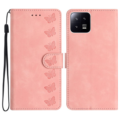 For Xiaomi 13 Anti-Dust Phone Case Leather Wallet Slim-Fit Imprinted Butterfly Stand Phone Cover