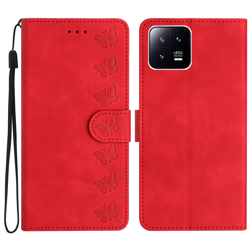 For Xiaomi 13 Anti-Dust Phone Case Leather Wallet Slim-Fit Imprinted Butterfly Stand Phone Cover